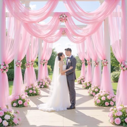 12 Panels Pink Wedding Arch Draping Fabric 30" x 19ft Wedding Drapes Tulle Drapes for Backdrop Sheer Fabric, alternate view 4