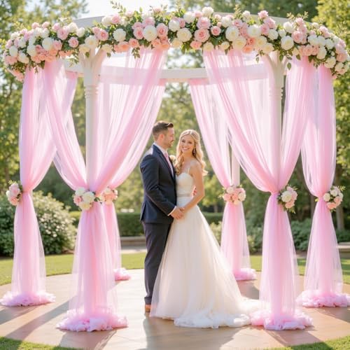 12 Panels Pink Wedding Arch Draping Fabric 30" x 19ft Wedding Drapes Tulle Drapes for Backdrop Sheer Fabric, alternate view 5