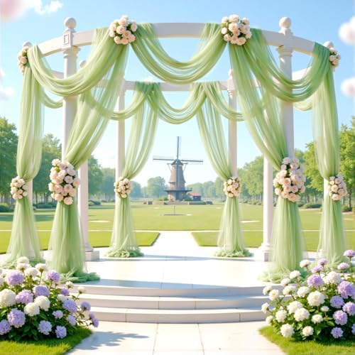 12 Panels Sage Green Wedding Arch Draping Fabric 30" x 19ft Wedding Drapes Tulle Drapes for Backdrop Sheer, alternate view 2