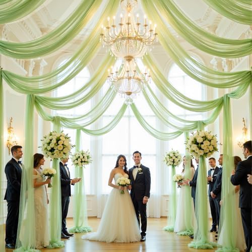 12 Panels Sage Green Wedding Arch Draping Fabric 30" x 19ft Wedding Drapes Tulle Drapes for Backdrop Sheer, alternate view 4