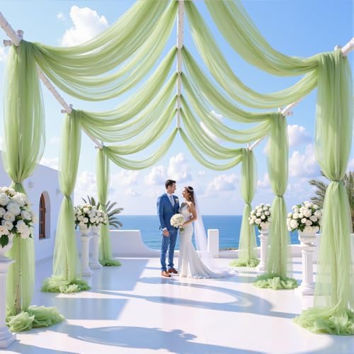 12 Panels Sage Green Wedding Arch Draping Fabric 30" x 19ft Wedding Drapes Tulle Drapes for Backdrop Sheer, alternate view 5