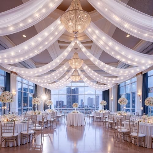 12 Panels White Ceiling Curtains with Lights for Weddings - 5ftx10ft Wrinkle-Free Tulle Fabric Wedding Arch