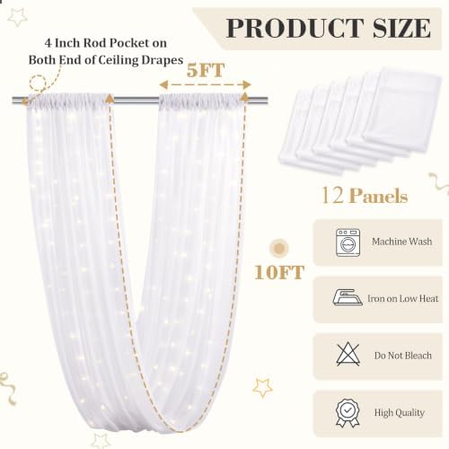 12 Panels White Ceiling Curtains with Lights for Weddings - 5ftx10ft Wrinkle-Free Tulle Fabric Wedding Arch, alternate view 4