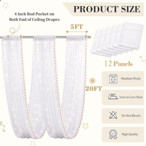 12 Panels White Ceiling Curtains with Lights for Weddings - 5ftx20ft Wrinkle-Free Tulle Fabric Wedding Arch, alternate view 4