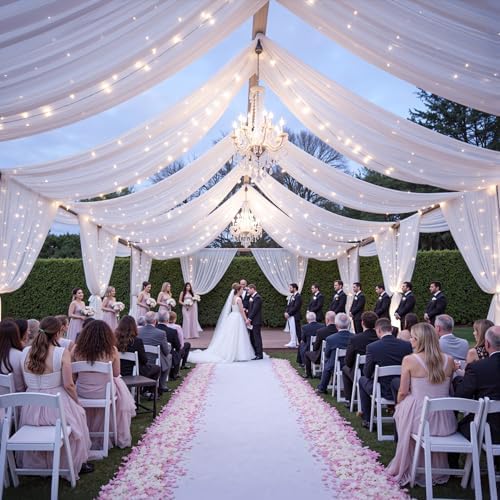12 Panels White Ceiling Curtains with Lights for Weddings - 5ftx20ft Wrinkle-Free Tulle Fabric Wedding Arch, alternate view 5