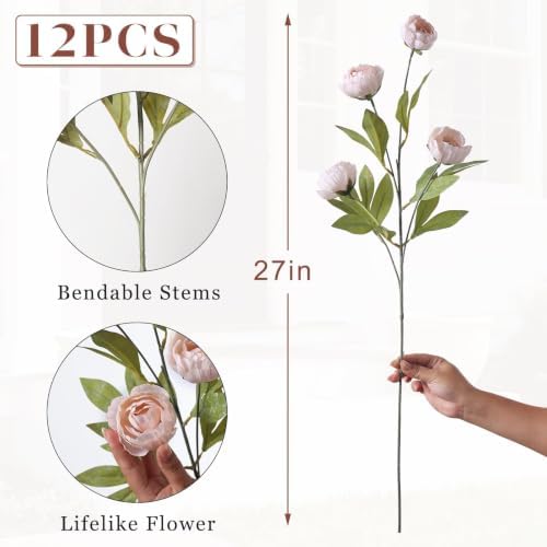 12 Pcs 27" Artificial Peony Silk Flower Stems for Vase Decor(Beige) in Beige, alternate view 6