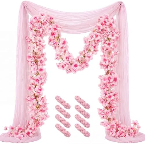 12 Pcs 72FT Artificial Silk Cherry Blossom Garland with 8 Pcs 10ft Pink Table Runner, Hanging Sakura Flower