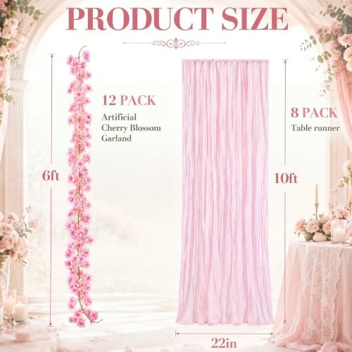 12 Pcs 72FT Artificial Silk Cherry Blossom Garland with 8 Pcs 10ft Pink Table Runner, Hanging Sakura Flower, alternate view 2