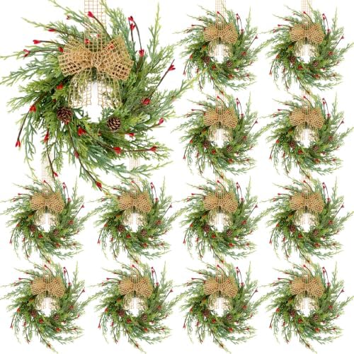 12 Pcs 9 Inch Christmas Wreaths for Kitchen Cabinet Artificial Cedar Pine Hanging Wreath with Red Berries Pine