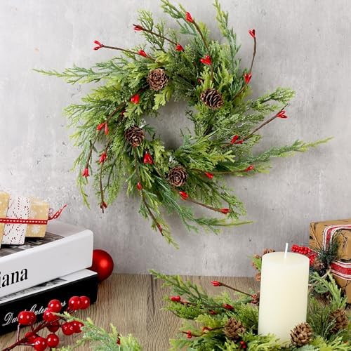 12 Pcs 9 Inch Christmas Wreaths for Kitchen Cabinet Artificial Cedar Pine Hanging Wreath with Red Berries Pine, alternate
