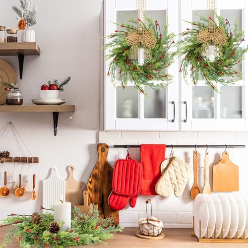 12 Pcs 9 Inch Christmas Wreaths for Kitchen Cabinet Artificial Cedar Pine Hanging Wreath with Red Berries Pine, alternate