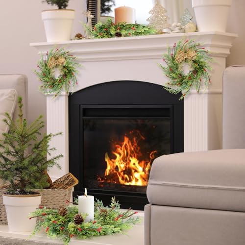 12 Pcs 9 Inch Christmas Wreaths for Kitchen Cabinet Artificial Cedar Pine Hanging Wreath with Red Berries Pine, alternate