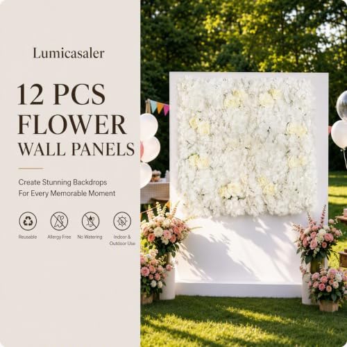 12 Pcs Artificial Flower Wall Panels 16.5x16.5" Flower Backdrops (White-2) in 16.5x16.5", alternate view 3