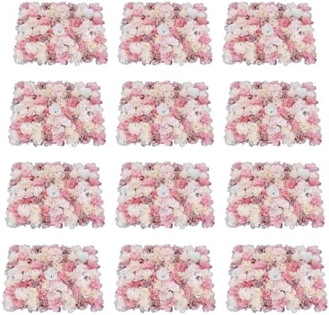 12 PCS Artificial Flowers Wall Decoration 24" x 16" Decorative Rose Hydrangea Flower Panels Flower Wall for Home