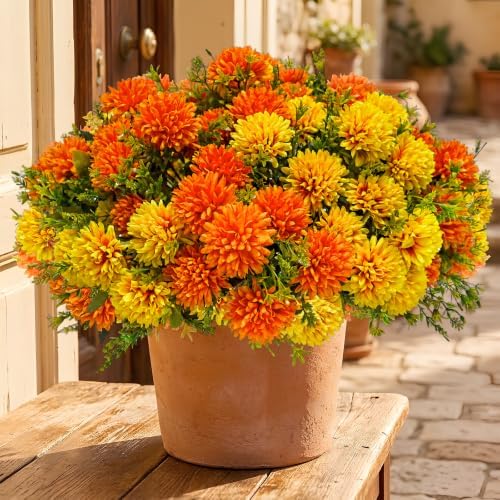 12 Pcs Artificial Mums for Outdoors, Fake Fall Flowers for Autumn