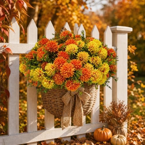 12 Pcs Artificial Mums for Outdoors, Fake Fall Flowers for Autumn, alternate view 2
