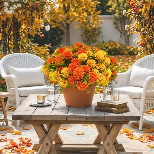 12 Pcs Artificial Mums for Outdoors, Fake Fall Flowers for Autumn, alternate view 7