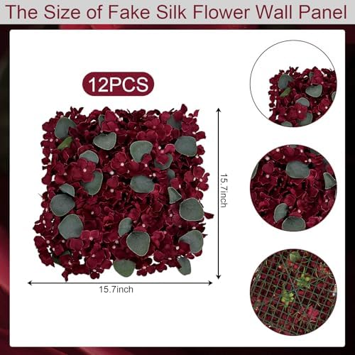12 PCS Burgundy Flowers Wall Backdrop, 12 X 12 inch in 12 X 12 inch, alternate view 2