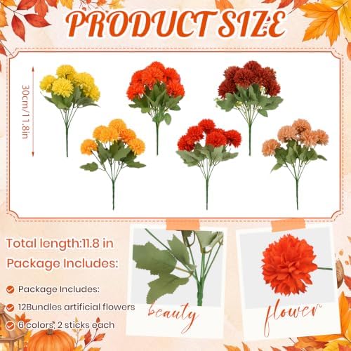 12 Pcs Fall Artificial Flowers for Outdoor, Assorted Faux Mums, alternate view 2