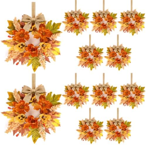 12 Pcs Fall Floral Swags Wreaths Mini Autumn Artificial Candle Rings Wreaths with Berries 3 inch Farmhouse