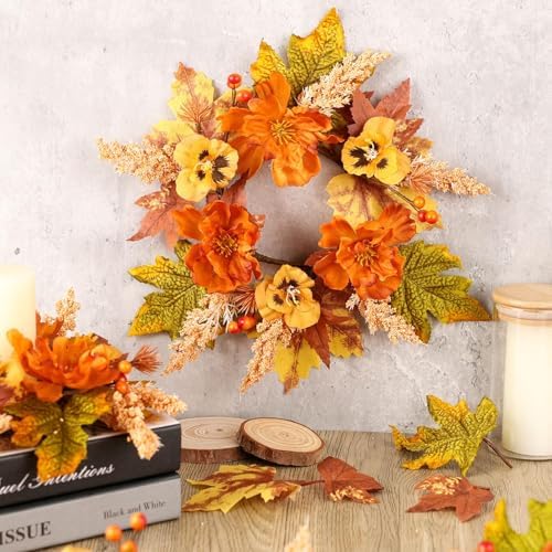 12 Pcs Fall Floral Swags Wreaths Mini Autumn Artificial Candle Rings Wreaths with Berries 3 inch Farmhouse, alternate view 2