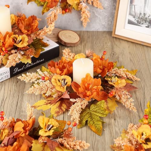 12 Pcs Fall Floral Swags Wreaths Mini Autumn Artificial Candle Rings Wreaths with Berries 3 inch Farmhouse, alternate view 3