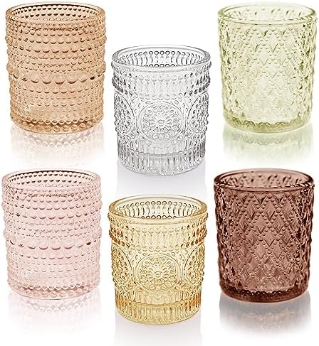 12 pcs Glass Votive Candle Holders, 6 Colors 3 Patterns Tealight Candle Holders for Fall Wedding Table