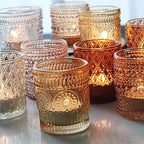 12 pcs Glass Votive Candle Holders, 6 Colors 3 Patterns Tealight Candle Holders for Fall Wedding Table, alternate view 2