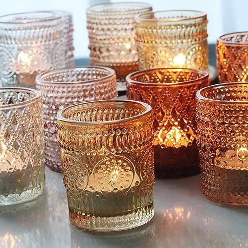12 pcs Glass Votive Candle Holders, 6 Colors 3 Patterns Tealight Candle Holders for Fall Wedding Table, alternate view 2