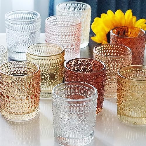 12 pcs Glass Votive Candle Holders, 6 Colors 3 Patterns Tealight Candle Holders for Fall Wedding Table, alternate view 5