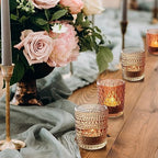 12 pcs Glass Votive Candle Holders, 6 Colors 3 Patterns Tealight Candle Holders for Fall Wedding Table, alternate view 6