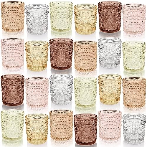 12 pcs Glass Votive Candle Holders, 6 Colors 3 Patterns Tealight Candle Holders for Fall Wedding Table, alternate view 7