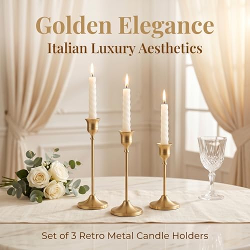 12 Pcs Gold Candlestick Holders, Vintage Metal Candle Holders Taper Candle Stands, Tall Golden Brass Tapered, alternate view