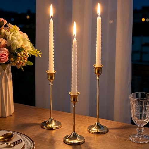 12 Pcs Gold Candlestick Holders, Vintage Metal Candle Holders Taper Candle Stands, Tall Golden Brass Tapered, alternate view
