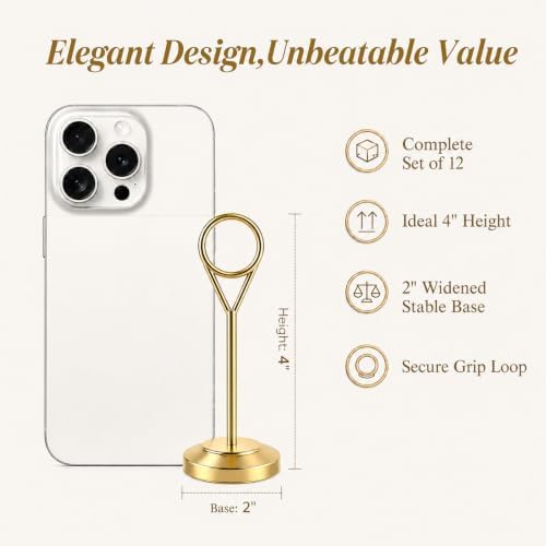 12 Pcs Gold Table Number Holders, 4 Inch Tall Place Card Holders for Table, Sturdy Photo Picture Holders with, alternate view