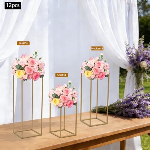 12 Pcs Gold Wedding Flower Stand Metal Geometric Table Centerpiece Flower Vase Column Stand Rectangular Flower, alternate