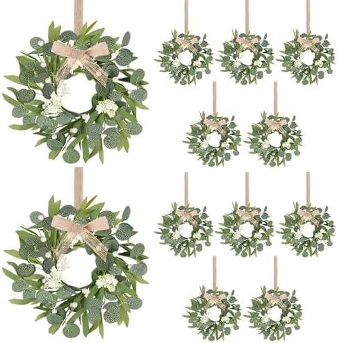 12 Pcs Green Artificial Eucalyptus Swag Wreaths Spring Summer Wreath with White Berries Mini Green Kitchen