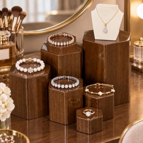 12 Pcs Hexagonal Jewelry Display Risers Acrylic Stands, Brown in Brown, alternate view 3