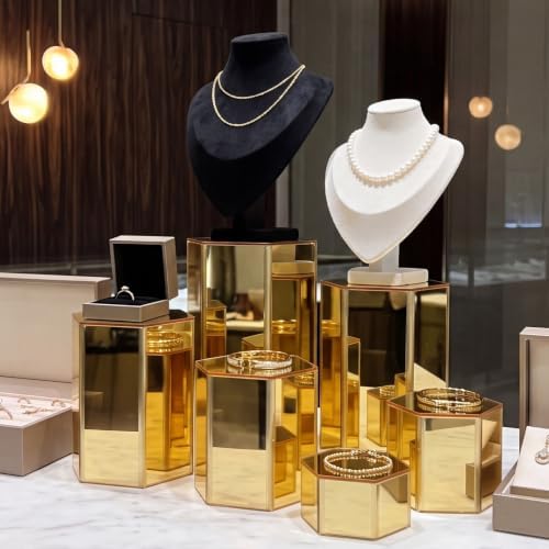 12 Pcs Hexagonal Jewelry Display Risers Acrylic Stands, Gold in Gold, alternate view 4