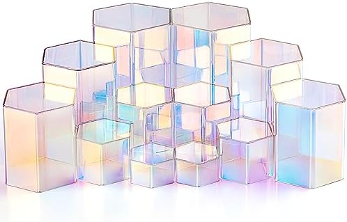 12 Pcs Hexagonal Jewelry Display Risers Acrylic Stands, Rainbow Color in Rainbow Color