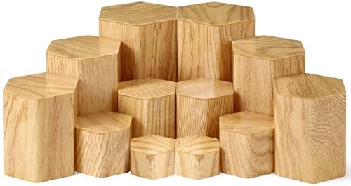 12 Pcs Hexagonal Jewelry Display Risers Acrylic Stands, Woodgrain in Natural Color