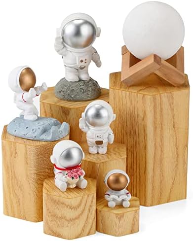 12 Pcs Hexagonal Jewelry Display Risers Acrylic Stands, Woodgrain in Natural Color, alternate view 4