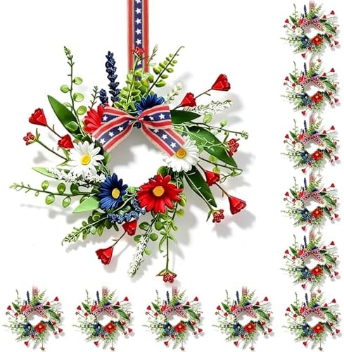 12 Pcs Mini Patriotic American Kitchen Cabinet Wreaths Small 4th of July Floral Swag Wreath for Front Door with