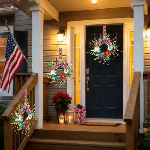 12 Pcs Mini Patriotic American Kitchen Cabinet Wreaths Small 4th of July Floral Swag Wreath for Front Door with, alternate