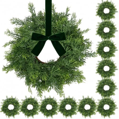 12 PCS Mini Real Touch Christmas Wreaths for Kitchen Cabinets Artificial Norfolk Lifelike Cedar Wreaths with Bow