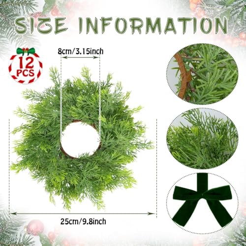 12 PCS Mini Real Touch Christmas Wreaths for Kitchen Cabinets Artificial Norfolk Lifelike Cedar Wreaths with Bow, alternate
