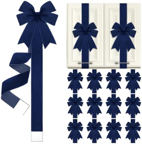 12 Pcs Navy Blue Christmas Velvet Cabinet Bows Ribbons for Kitchen