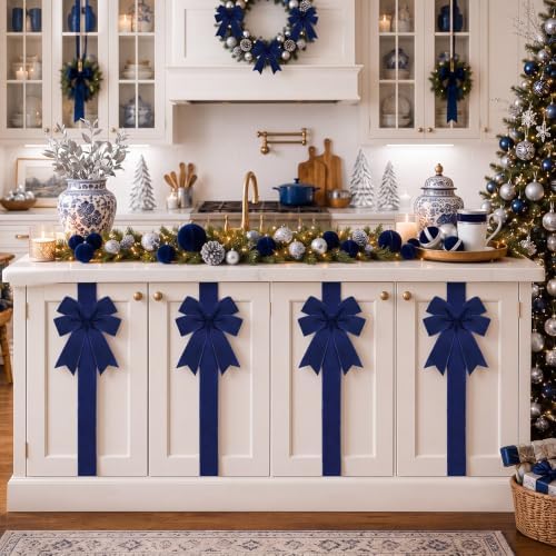 12 Pcs Navy Blue Christmas Velvet Cabinet Bows Ribbons for Kitchen, alternate view 5