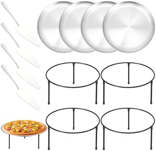 12 Pcs Pizza Pan Riser Stands Sets Includes 4 Round Pizza Tray Riser Rack Holder 4 12inch Pizza Pan and 4 Wood