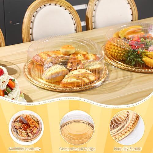 12 Pcs Plastic Serving Trays with Lids, Round, Gold, 18 Inches in Gold and Clear, alternate view 4
